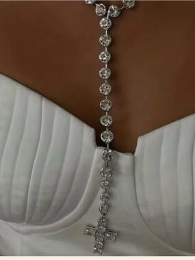 Crystal Cross Y Necklace on White Bustier